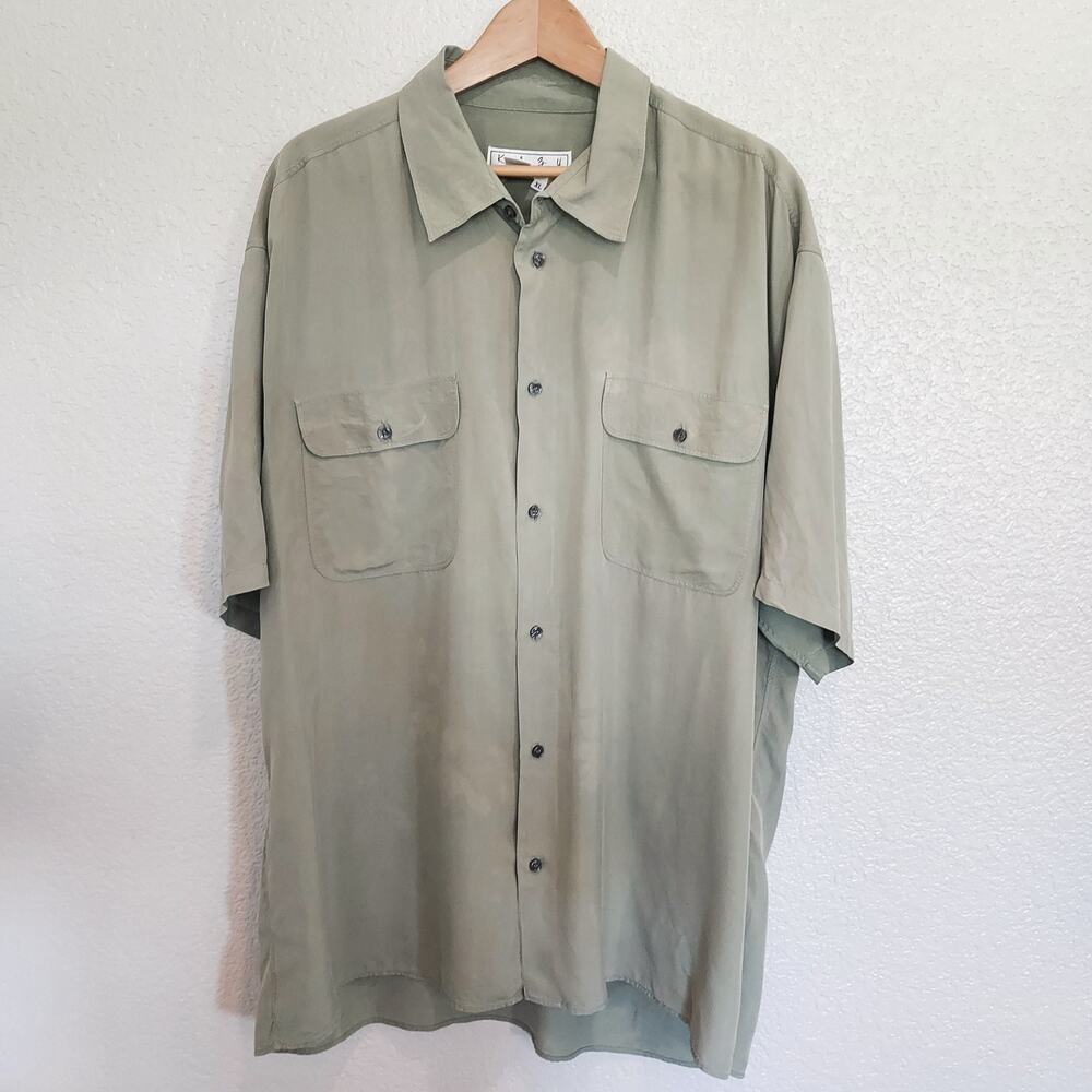 Kazu 100% Silk Beige Short Sleeve Button Down Size XL